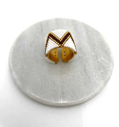 Mexoul Handmade Wide Band Ring Brown and White Miyuki Seed Bead