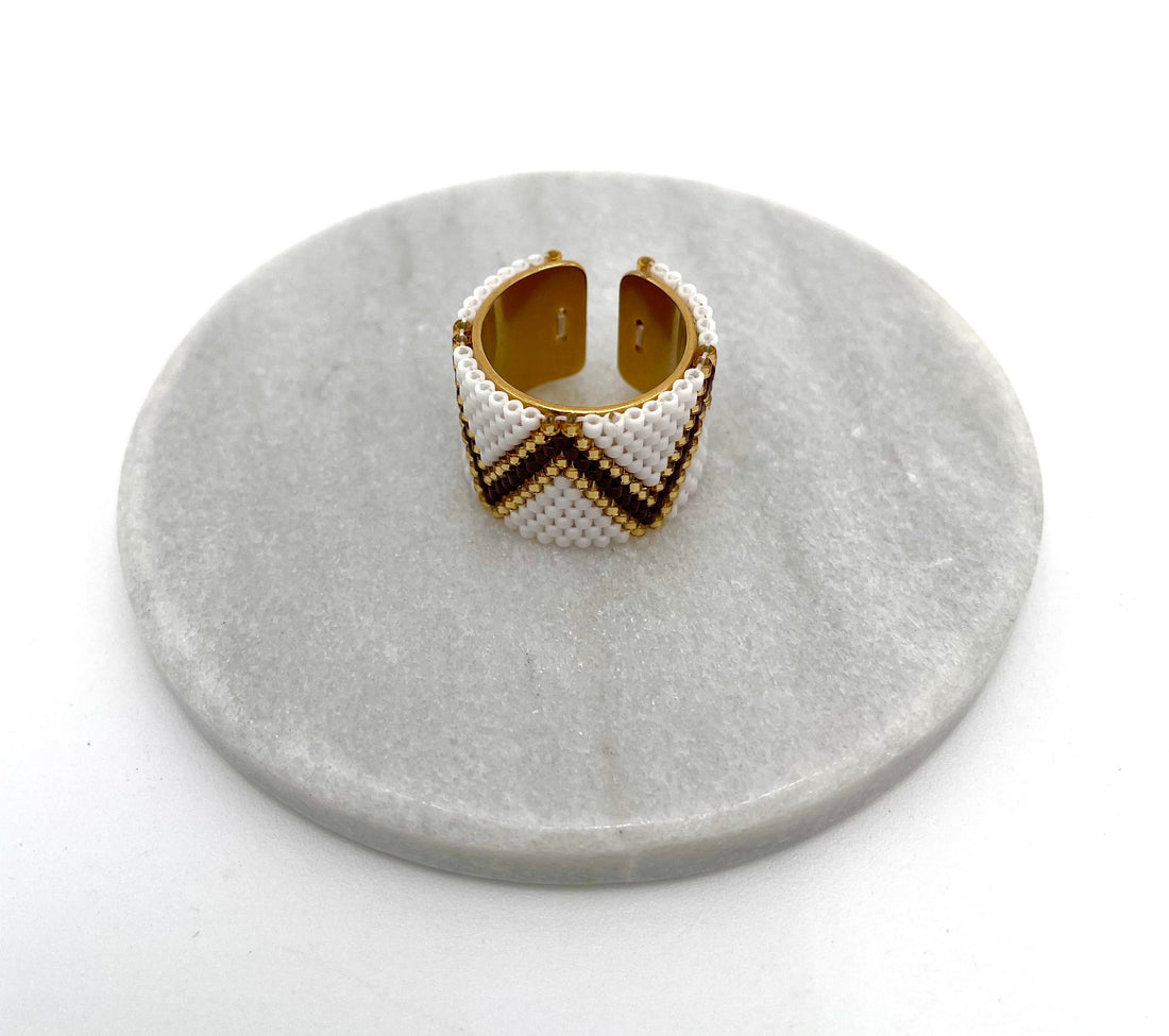 Mexoul Handmade Wide Band Ring Brown and White Miyuki Seed Bead