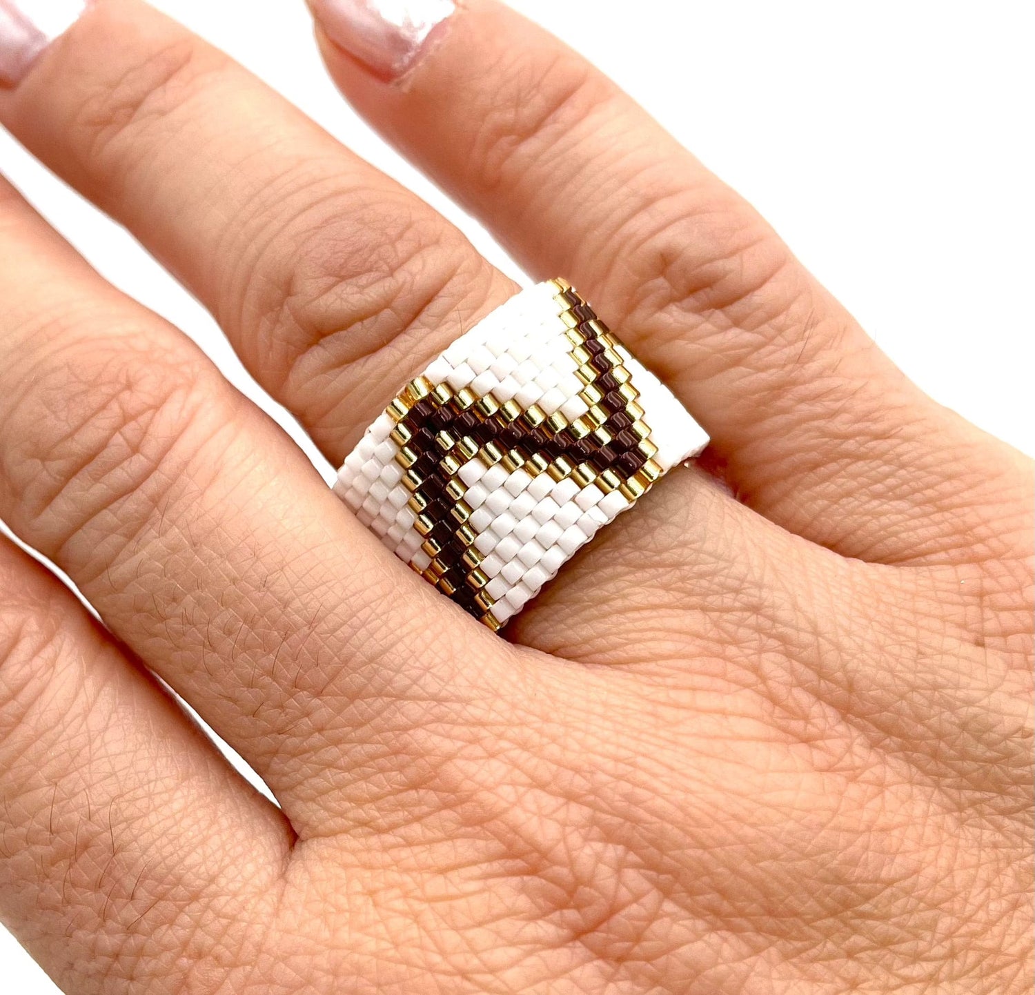 Mexoul Handmade Wide Band Ring Brown and White Miyuki Seed Bead