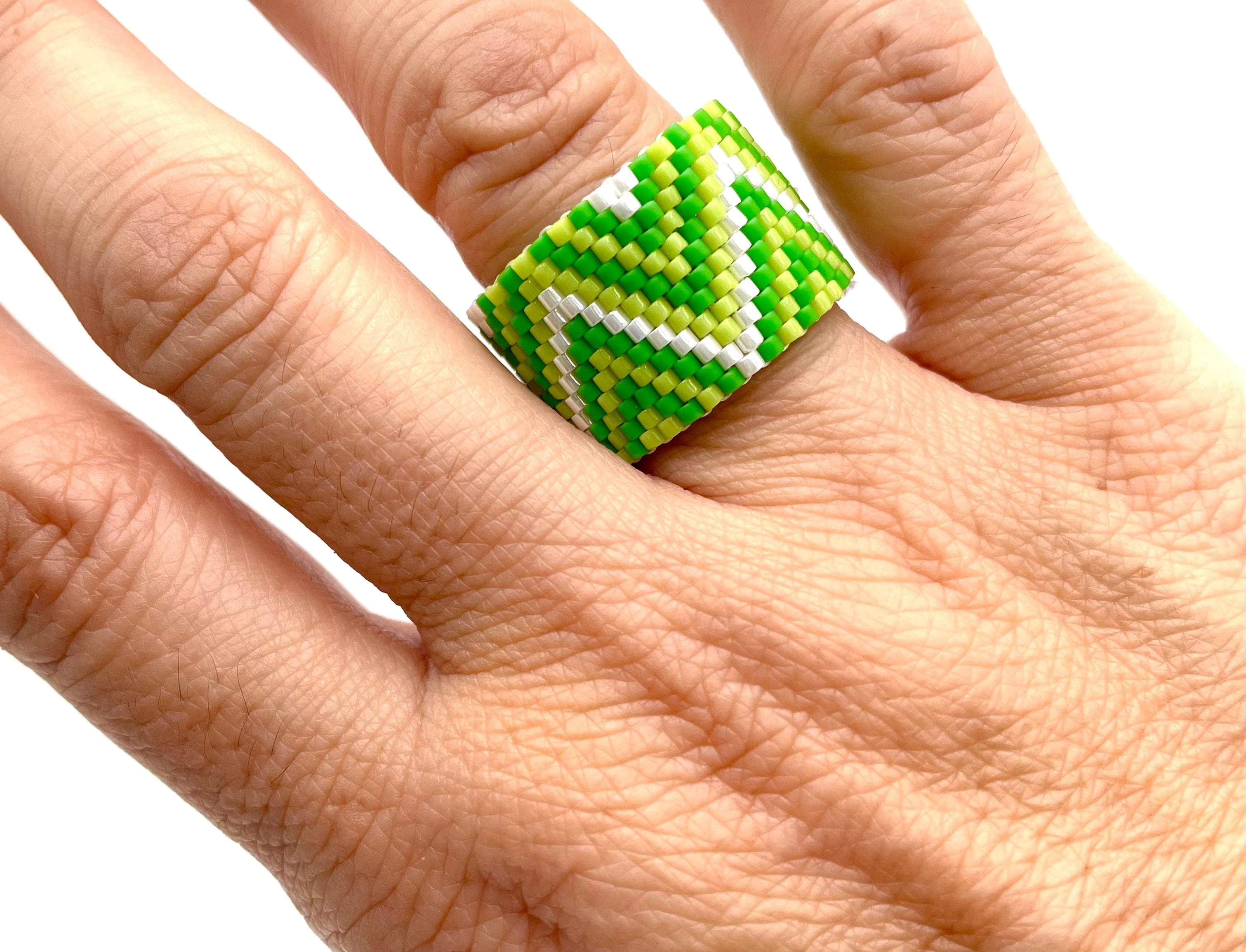 Mexoul Handmade Wide Band Ring Green Miyuki Seed Bead