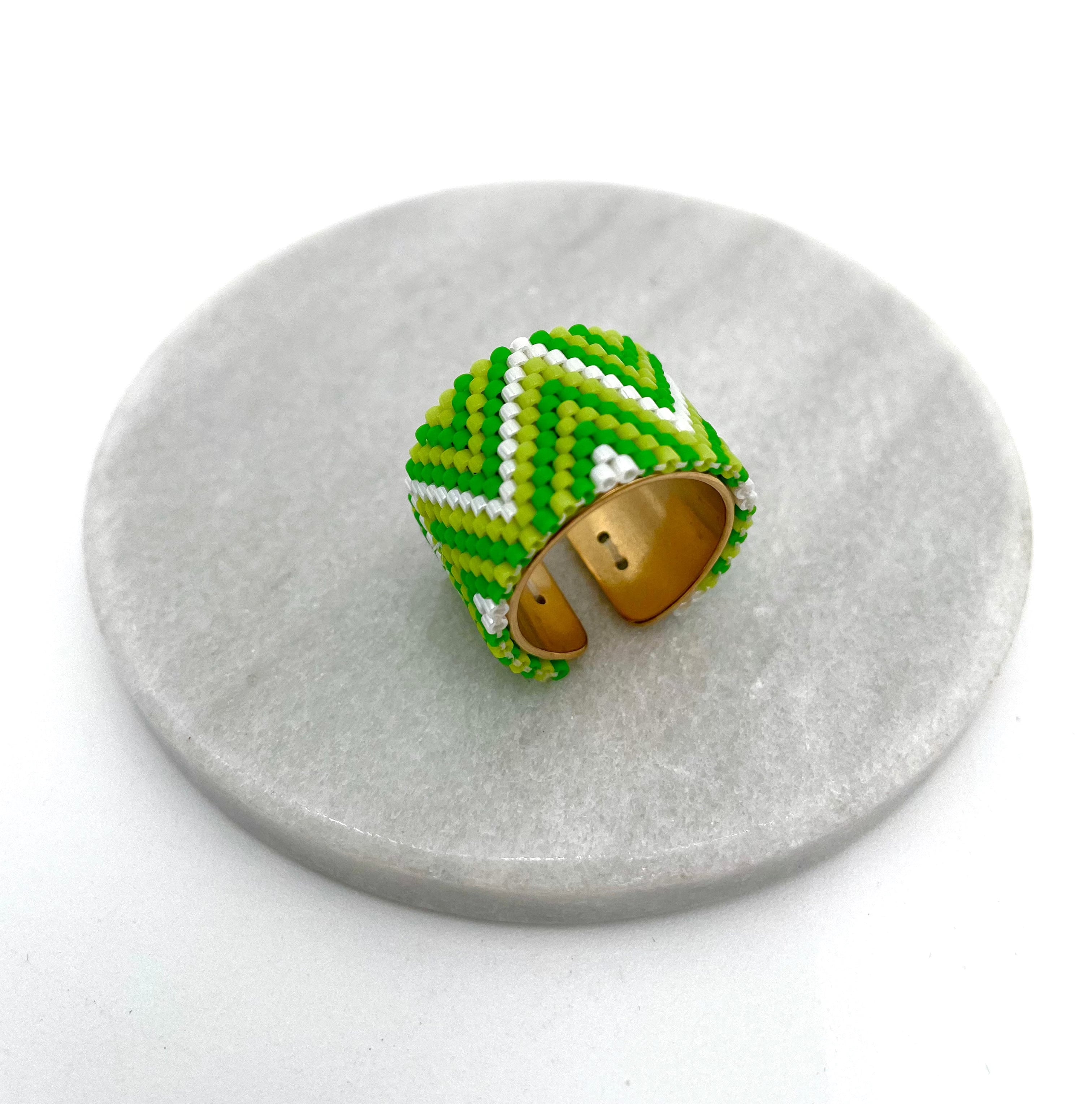 Mexoul Handmade Wide Band Ring Green Miyuki Seed Bead