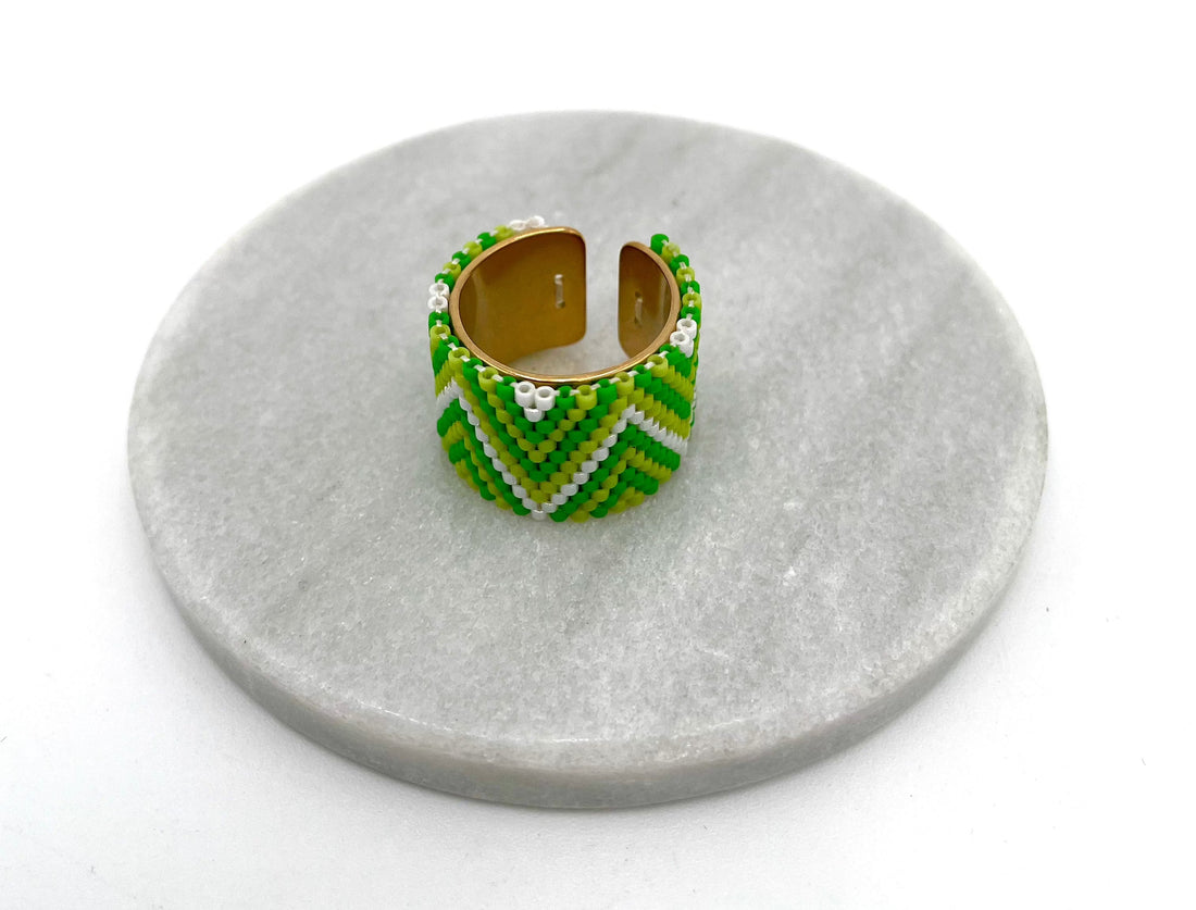 Mexoul Handmade Wide Band Ring Green Miyuki Seed Bead