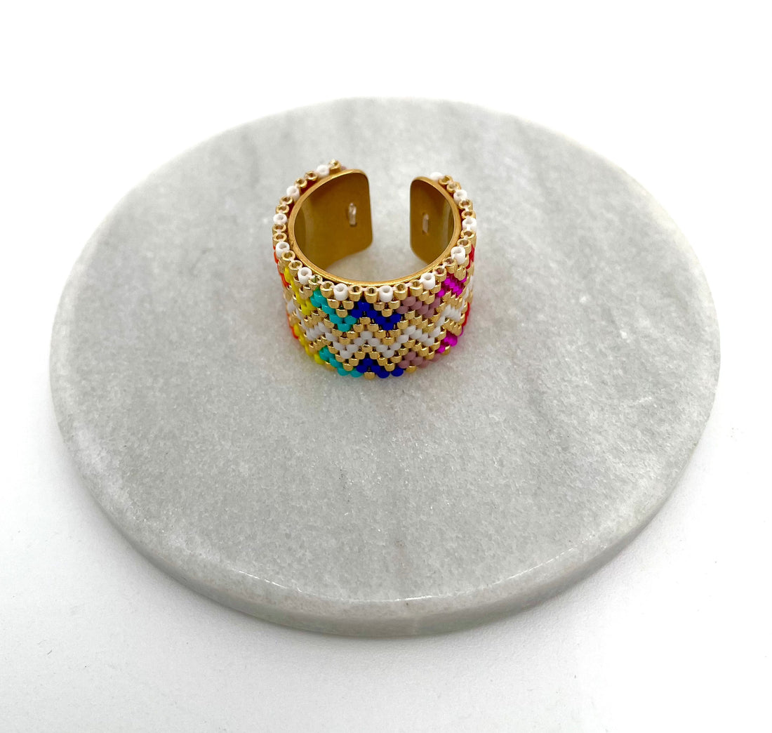 Mexoul Handmade Wide Band Ring Multicolored Miyuki Seed Bead