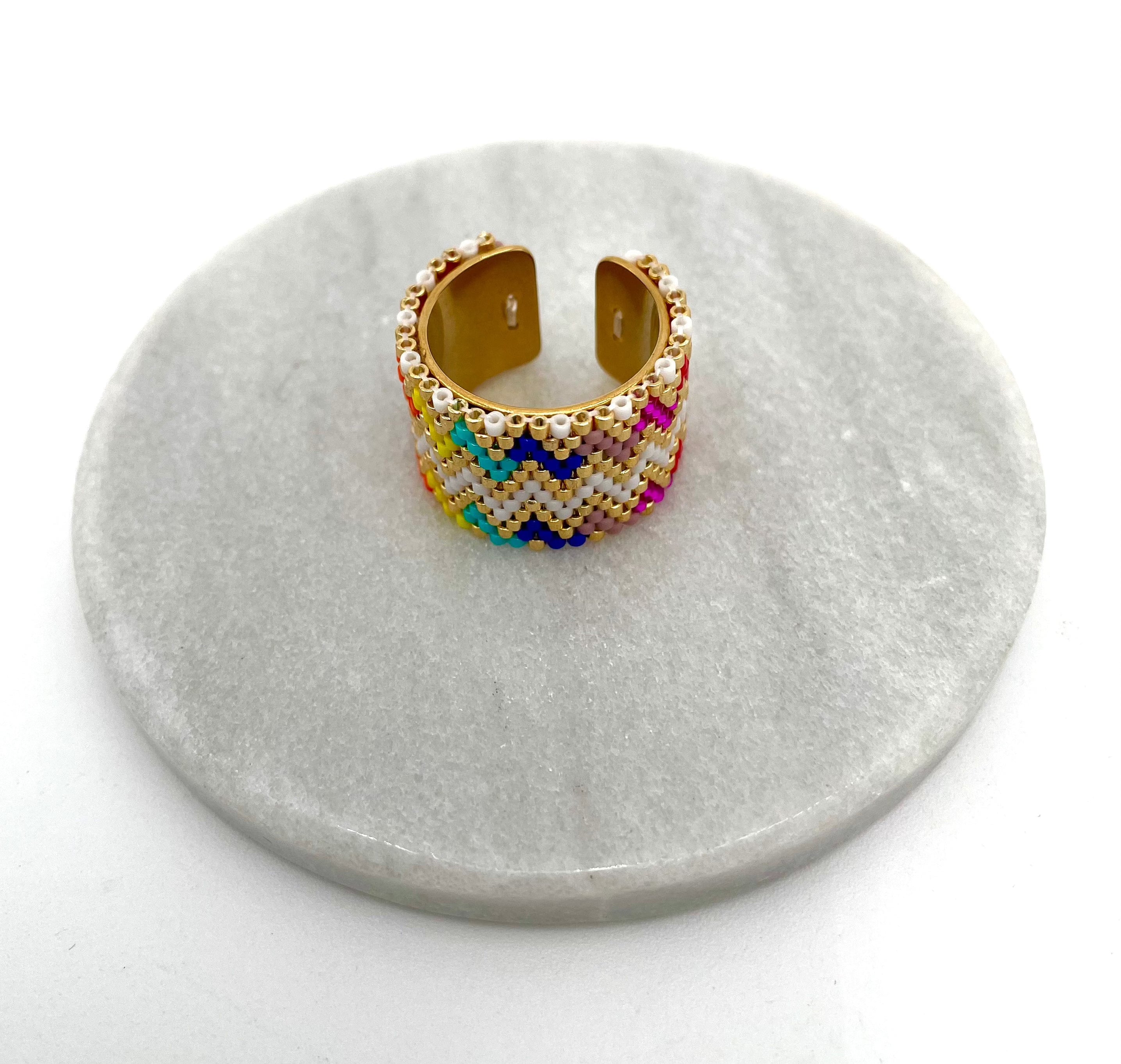 Mexoul Handmade Wide Band Ring Multicolored Miyuki Seed Bead