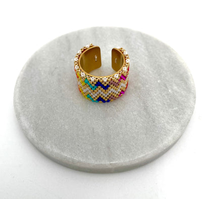 Mexoul Handmade Wide Band Ring Multicolored Miyuki Seed Bead