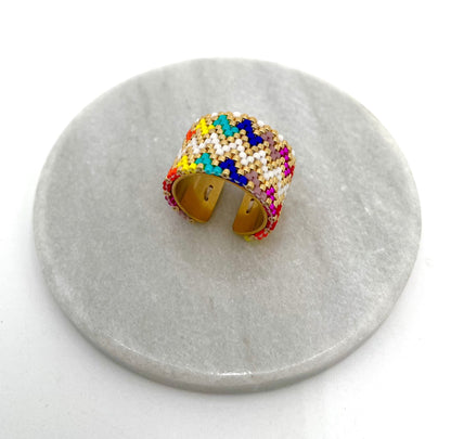 Mexoul Handmade Wide Band Ring Multicolored Miyuki Seed Bead