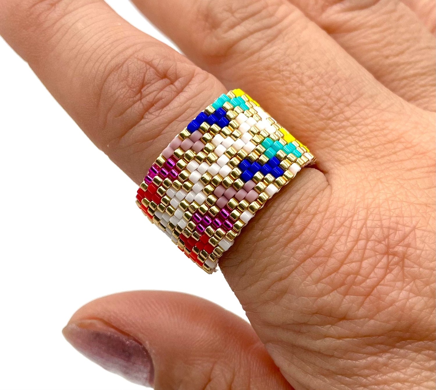 Mexoul Handmade Wide Band Ring Multicolored Miyuki Seed Bead