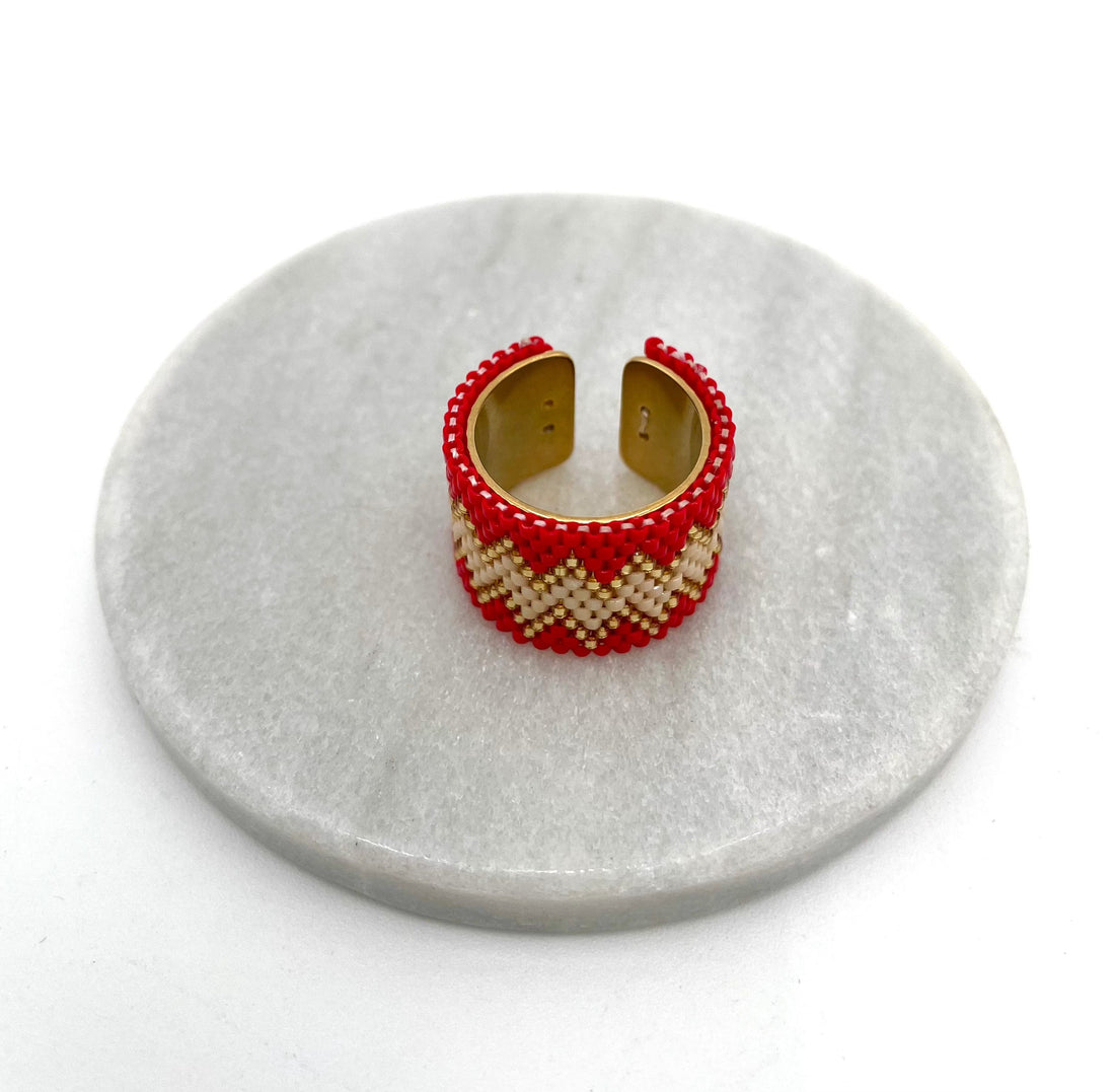 Mexoul Handmade Wide Band Ring Red Miyuki Seed Bead