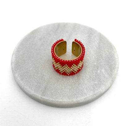 Mexoul Handmade Wide Band Ring Red Miyuki Seed Bead