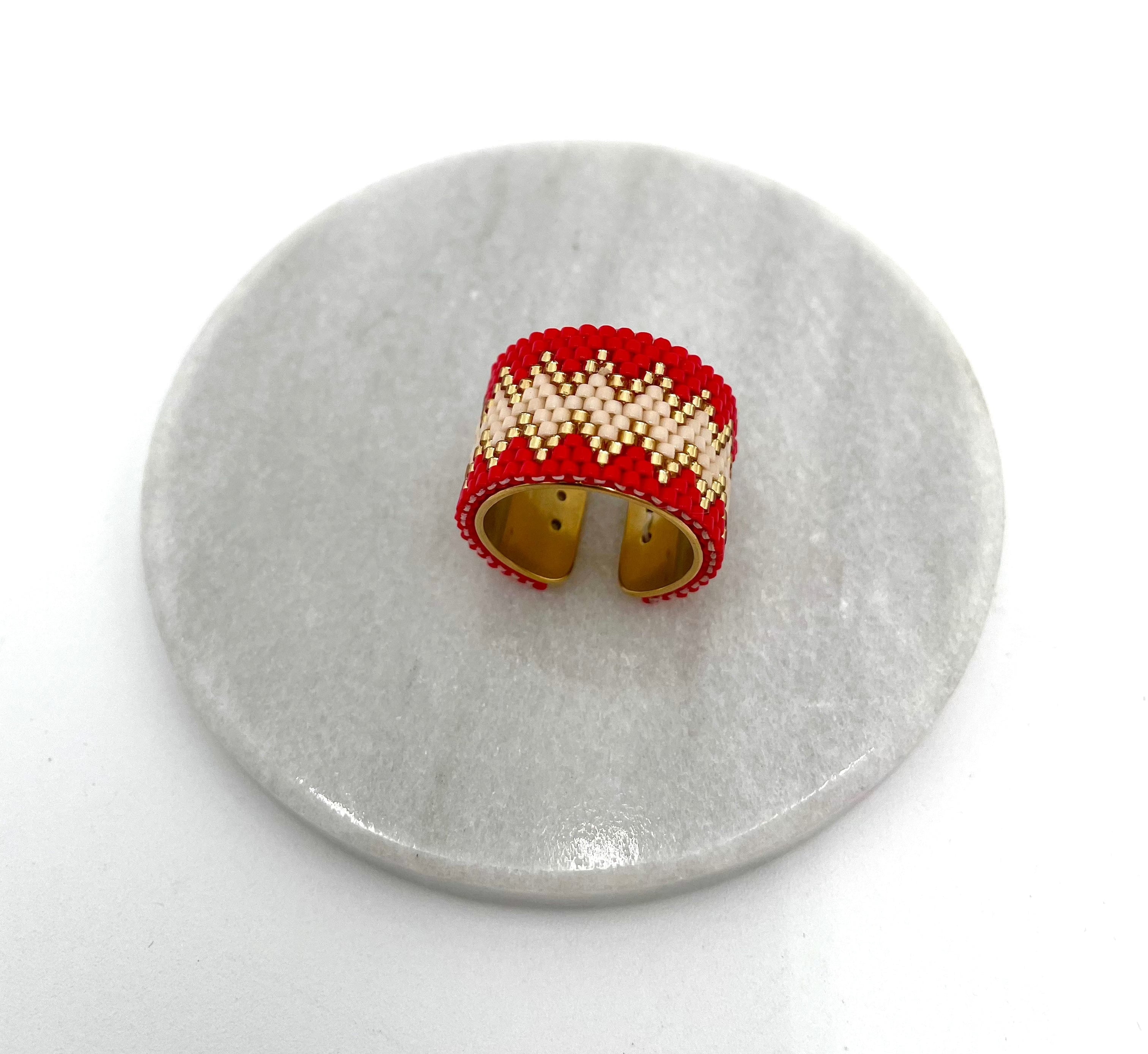 Mexoul Handmade Wide Band Ring Red Miyuki Seed Bead