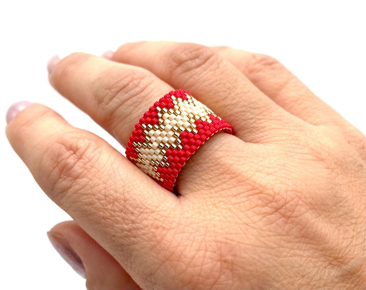 Mexoul Handmade Wide Band Ring Red Miyuki Seed Bead