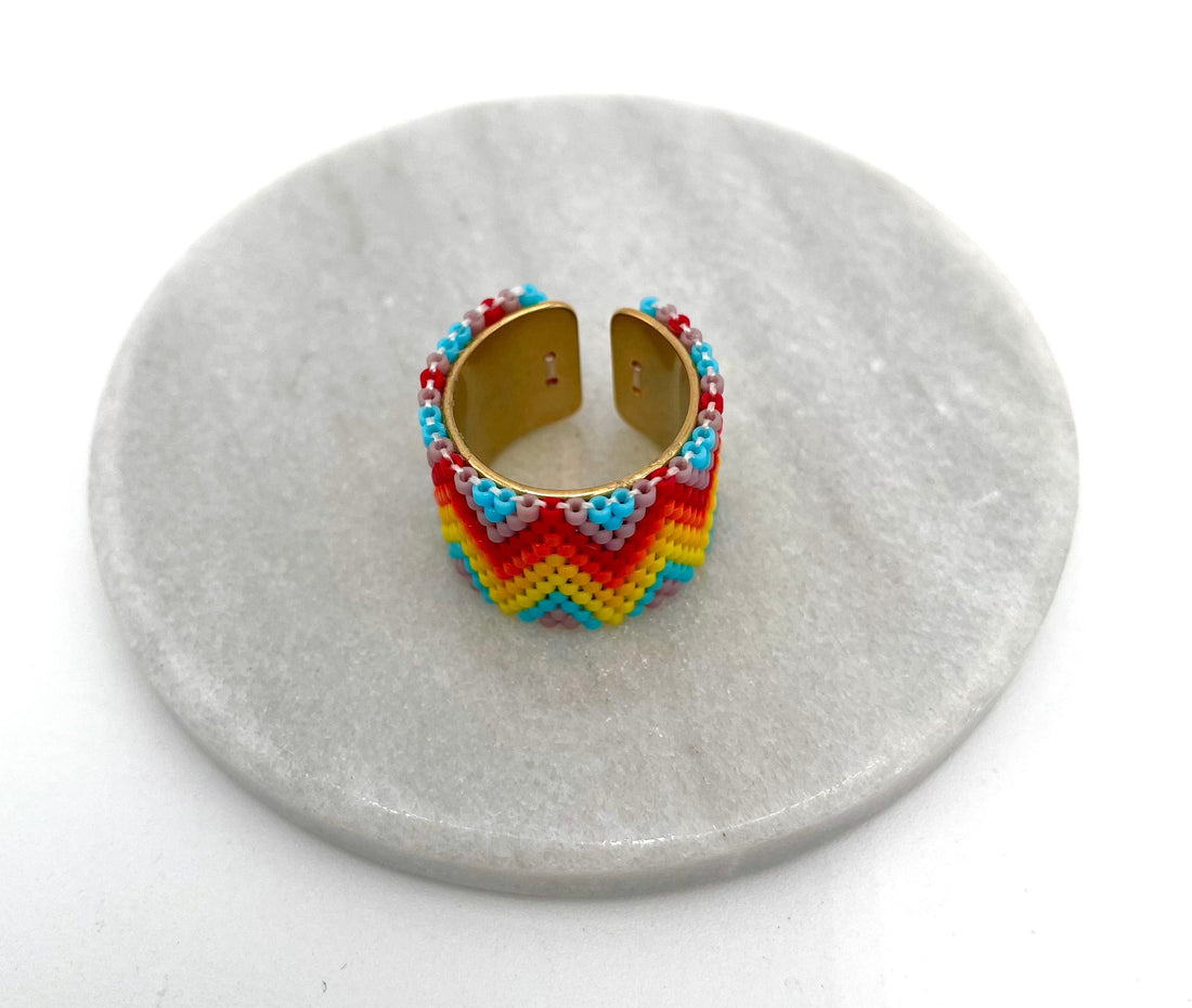 Mexoul Handmade Wide Band Ring Yellow, Red and Orange Miyuki Seed Bead