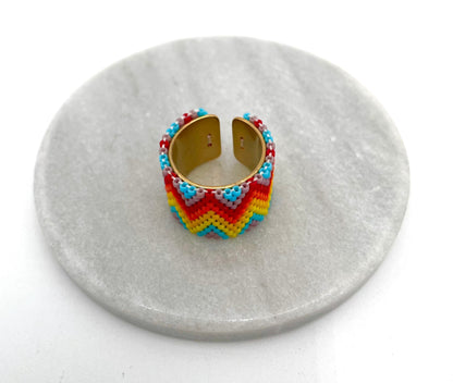 Mexoul Handmade Wide Band Ring Yellow, Red and Orange Miyuki Seed Bead