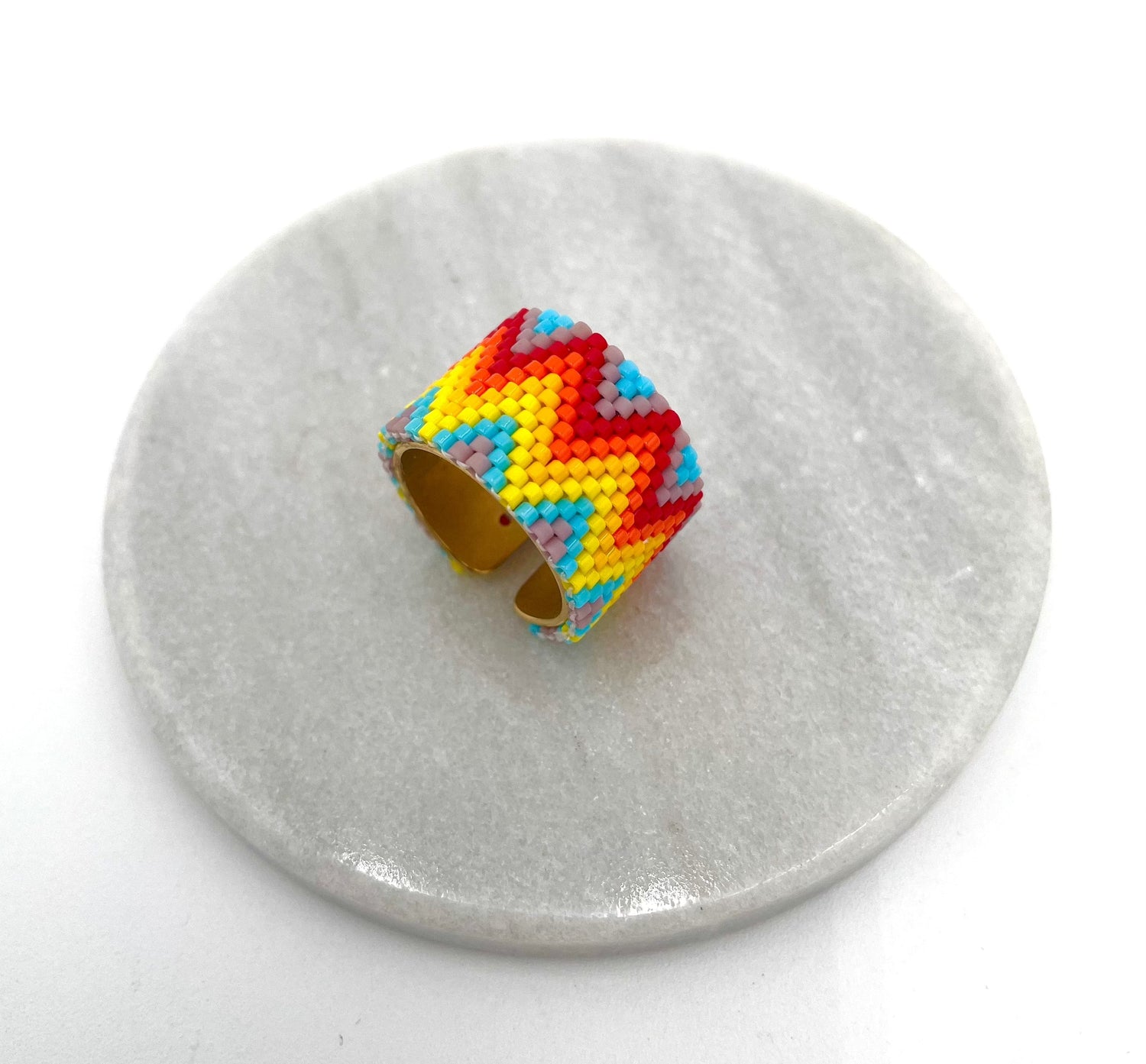 Mexoul Handmade Wide Band Ring Yellow, Red and Orange Miyuki Seed Bead