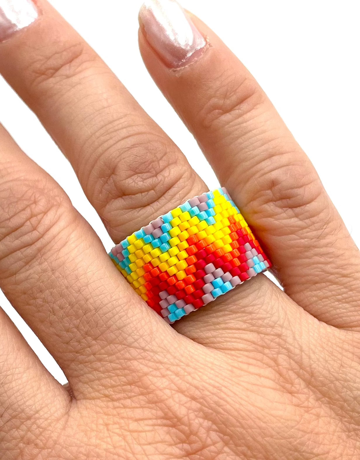 Mexoul Handmade Wide Band Ring Yellow, Red and Orange Miyuki Seed Bead