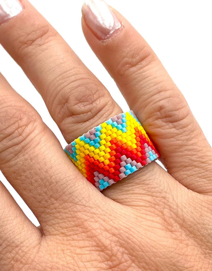 Mexoul Handmade Wide Band Ring Yellow, Red and Orange Miyuki Seed Bead