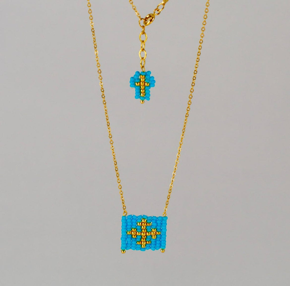 Mexoul Light blue Escapulario style hand woven Miyuki bead necklace, 14K gold plated chain