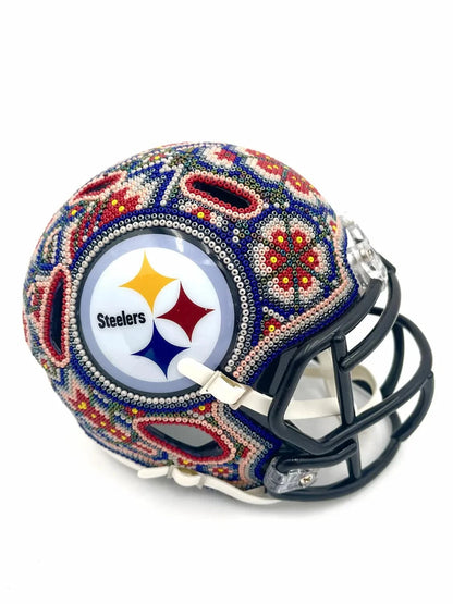 Mexoul Mini NFL Helmet – Pittsburgh Steelers – Huichol Beaded Art – Ready to Ship  (RED-GRAY)