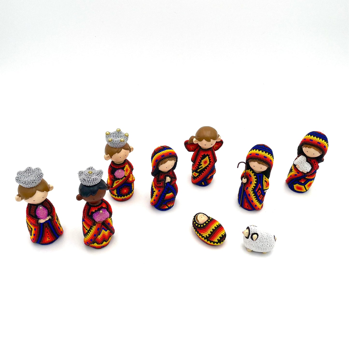 Mexoul Orange and Red Huichol art nativity set (9 PCS)