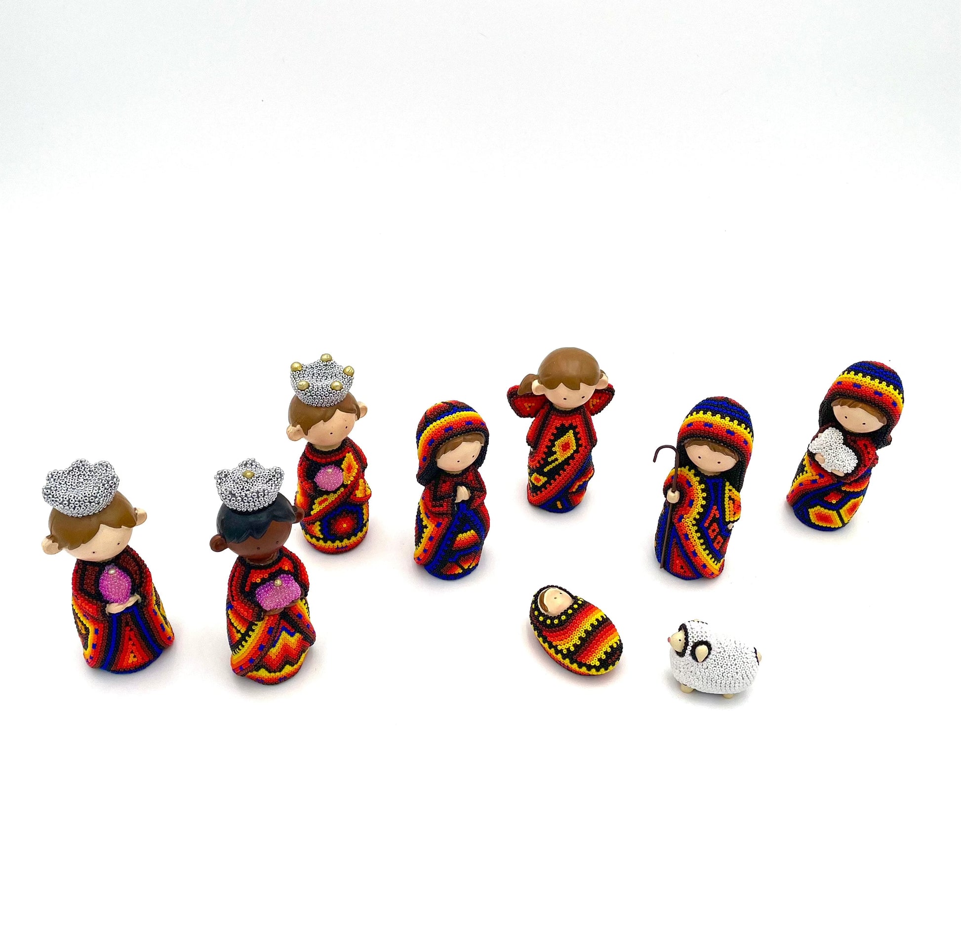 Mexoul Orange and Red Huichol art nativity set (9 PCS)