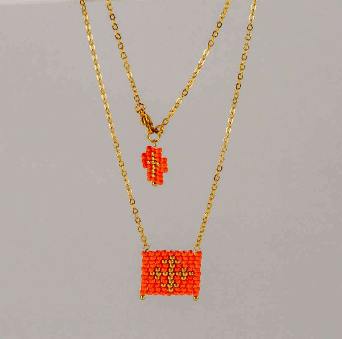 Mexoul Orange Escapulario style hand woven Miyuki bead necklace, 14K gold plated chain