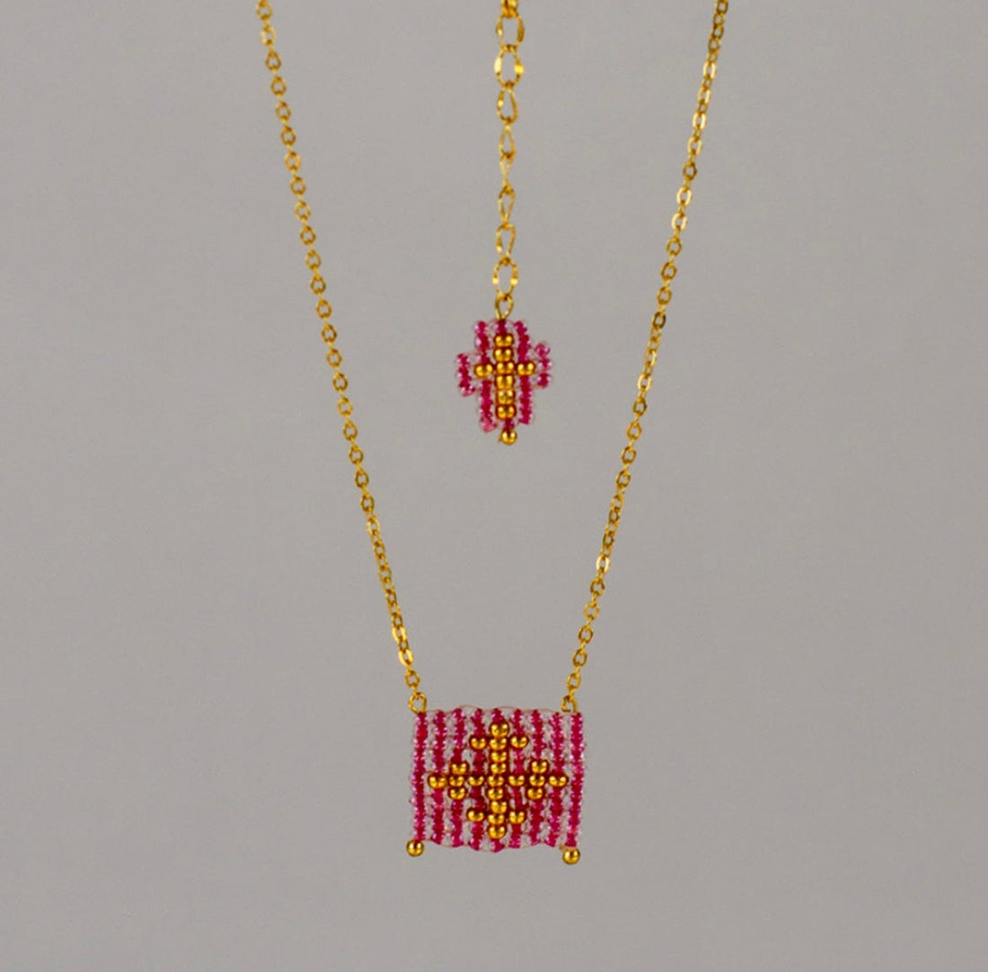 Mexoul Pink Escapulario style hand woven Miyuki bead necklace, 14K gold plated chain