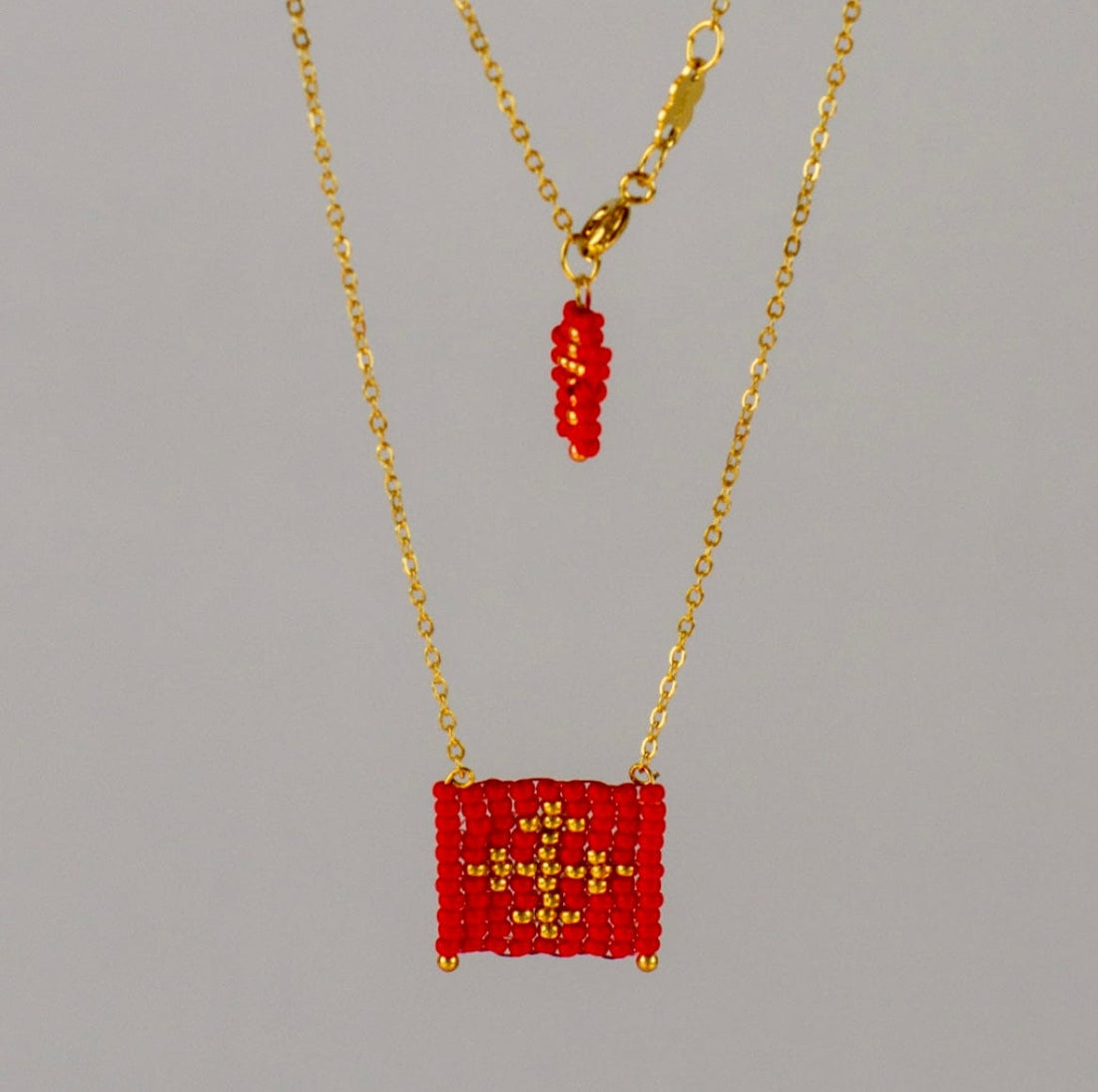 Mexoul Red Escapulario style hand woven Miyuki bead necklace, 14K gold plated chain