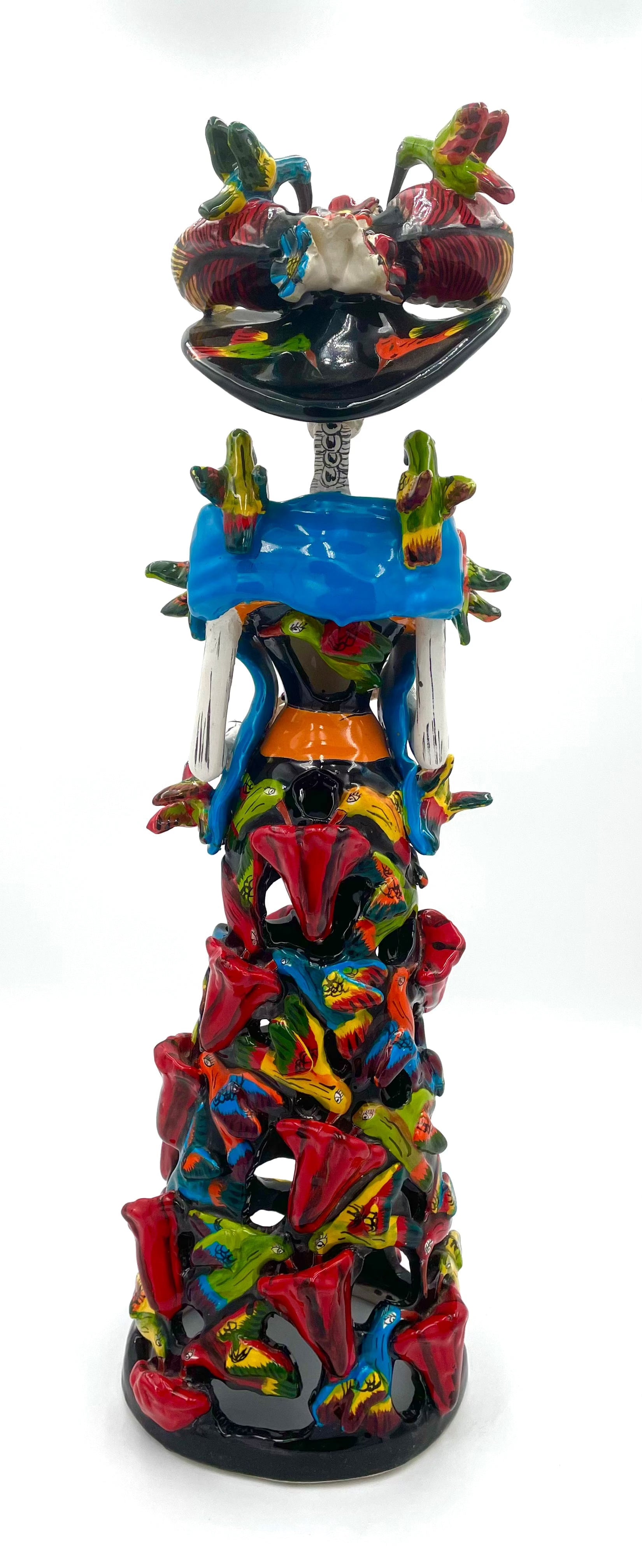 Mexoul Talavera catrina with red flowers and birds dress