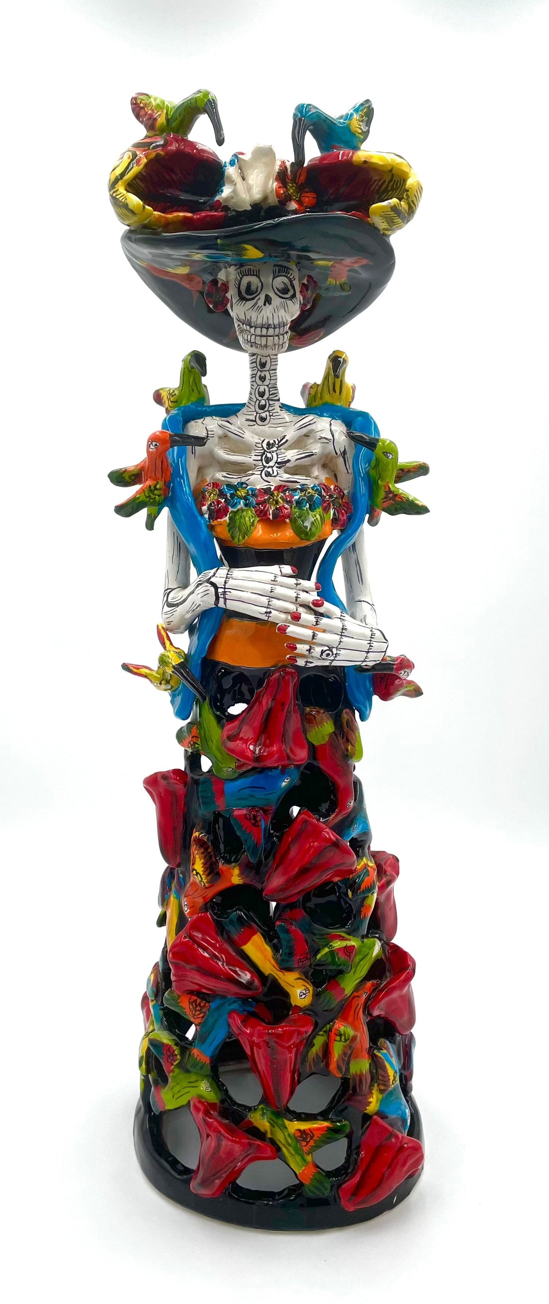 Mexoul Talavera catrina with red flowers and birds dress