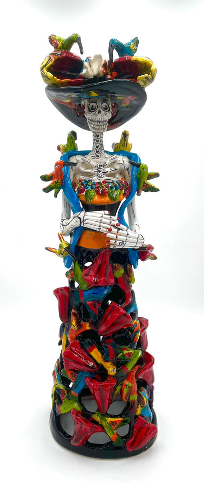 Mexoul Talavera catrina with red flowers and birds dress