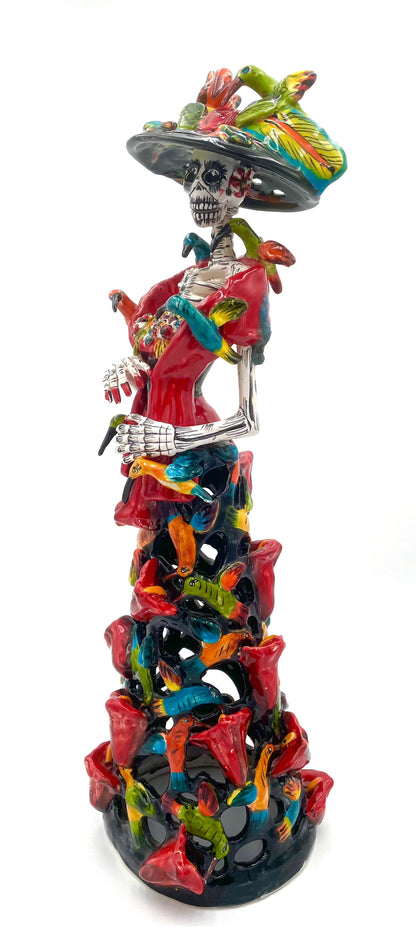 Mexoul Talavera catrina with red tulips and birds dress
