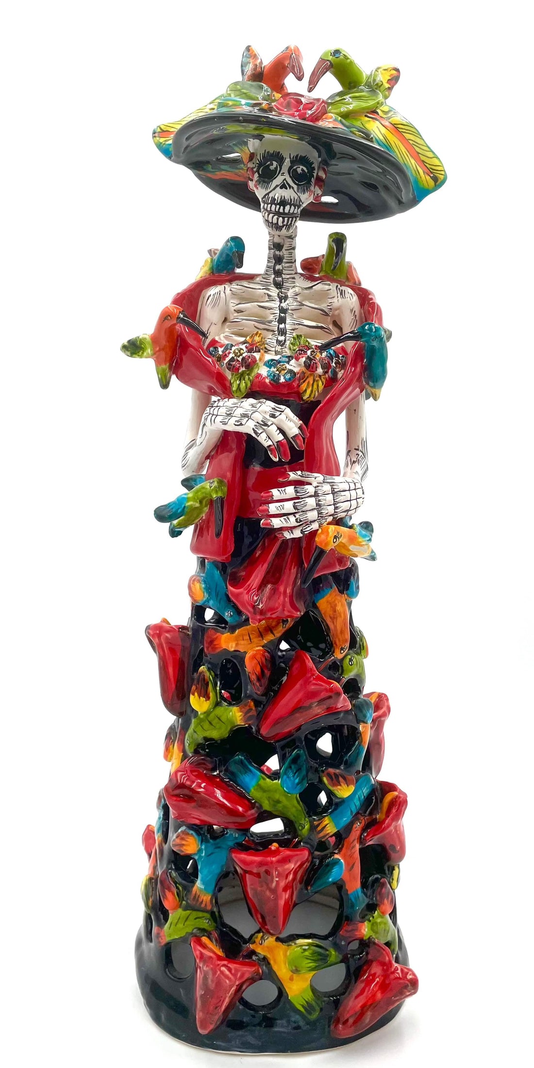 Mexoul Talavera catrina with red tulips and birds dress
