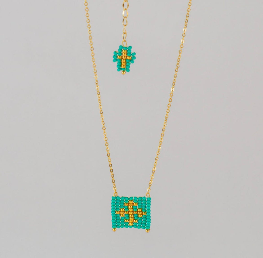 Mexoul Turquoise Escapulario style hand woven Miyuki bead necklace, 14K gold plated chain