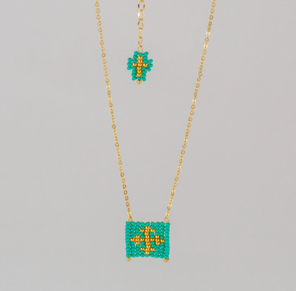 Mexoul Turquoise Escapulario style hand woven Miyuki bead necklace, 14K gold plated chain