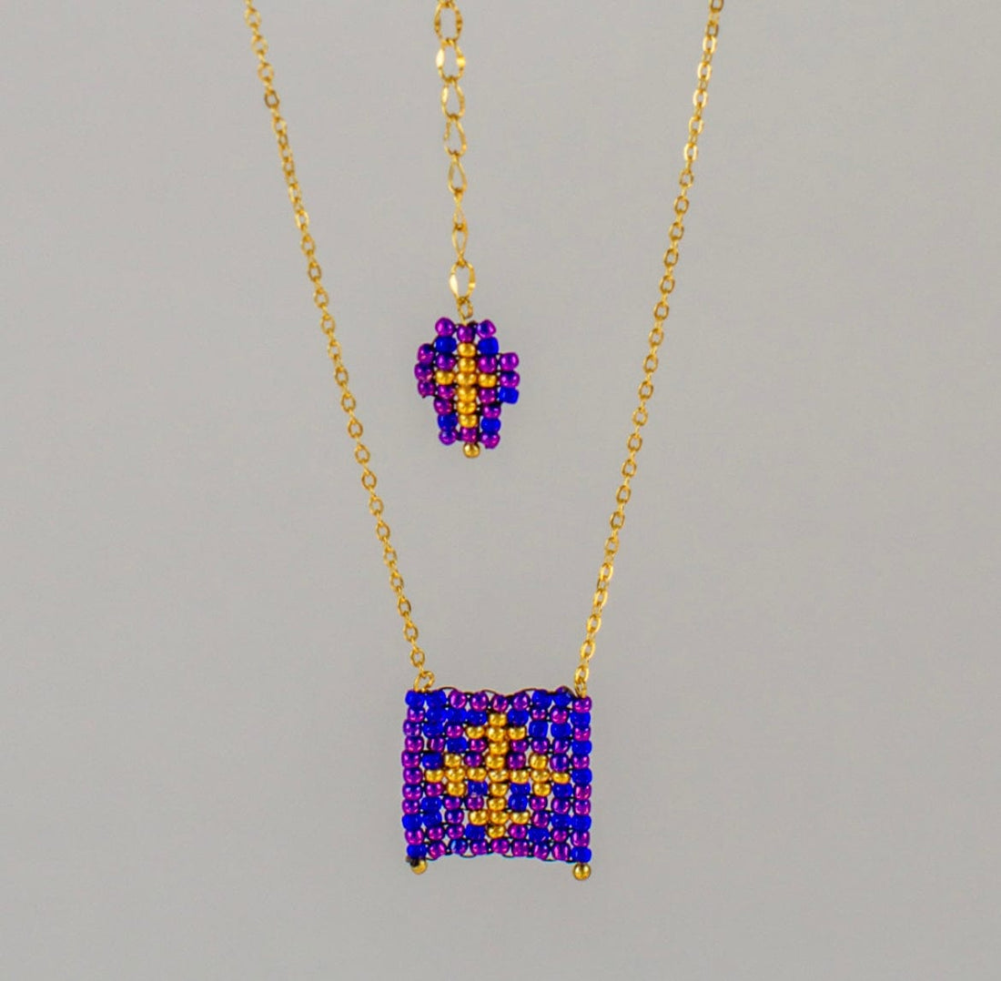 Mexoul Vibrant purple Escapulario style hand woven Miyuki bead necklace, 14K gold plated chain
