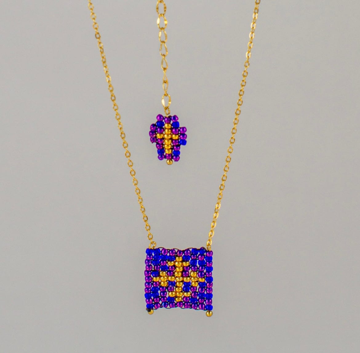 Mexoul Vibrant purple Escapulario style hand woven Miyuki bead necklace, 14K gold plated chain