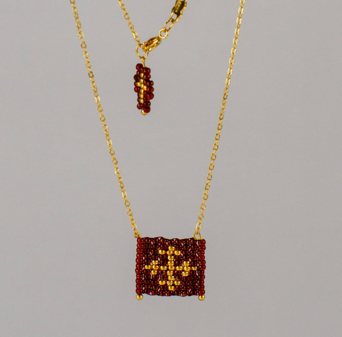 Mexoul Vibrant Red Escapulario style hand woven Miyuki bead necklace, 14K gold plated chain