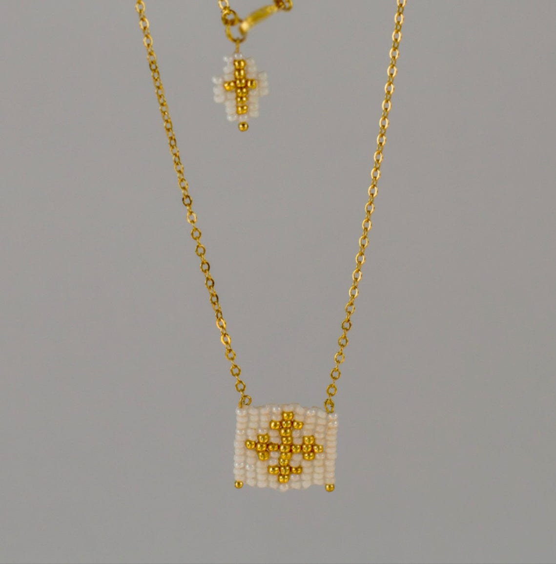 Mexoul White Escapulario style hand woven Miyuki bead necklace, 14K gold plated chain