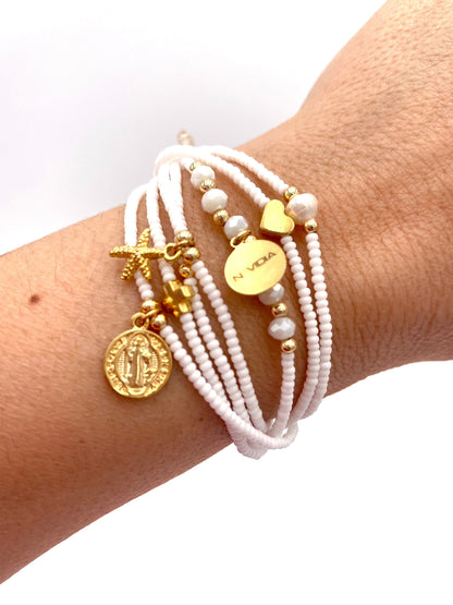 Mexoul White Handmade beaded 7 stran bracelet