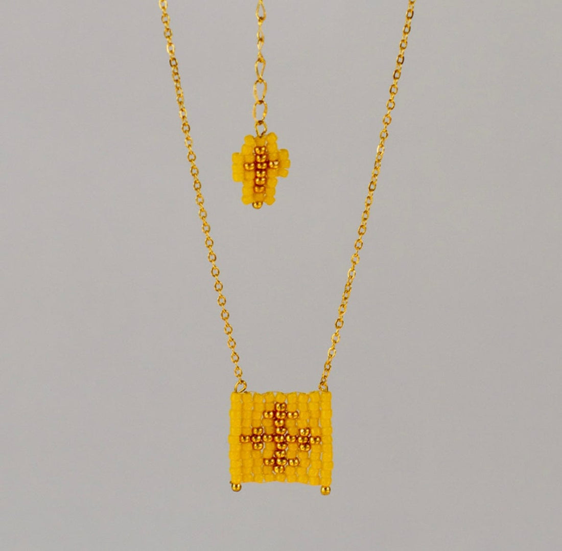 Mexoul Yellow Escapulario style hand woven Miyuki bead necklace, 14K gold plated chain